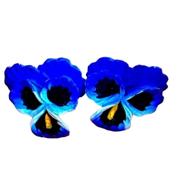 Purple and blue handcrafted Pansey earrings clip back - Picture 1 of 7